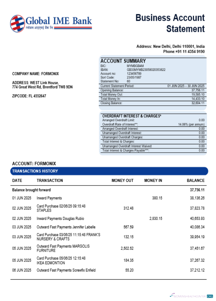 Download Global Ime company checking account statement Word and PDF template Photoshop template